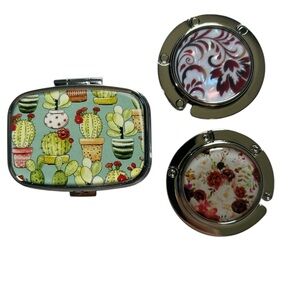 Fashion Cactus Pill Box & Floral Steel Foldable Handbag Table Hook Set of 2